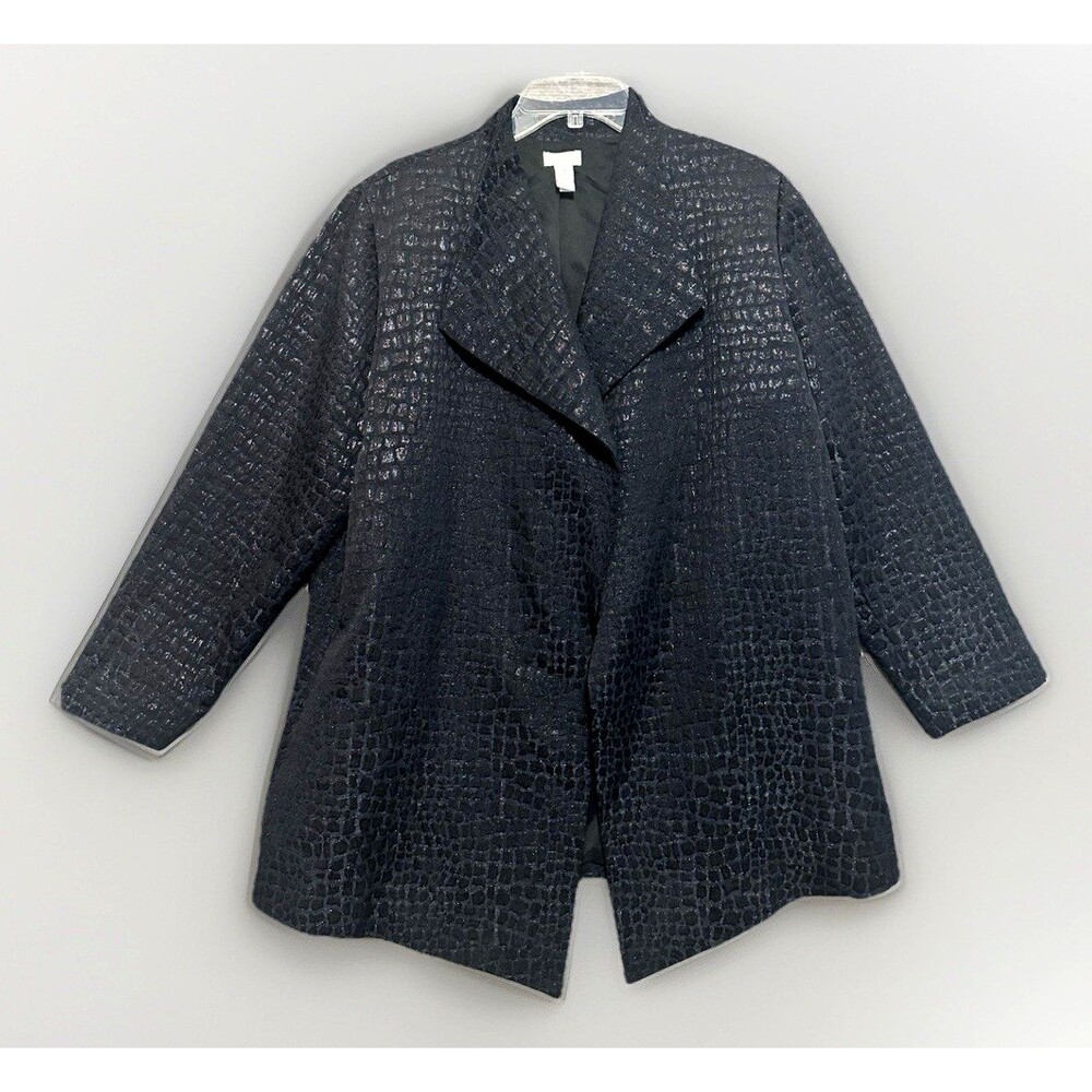 Chico's Jacquard Open Long Jacket Sz 3 XL Black Animal Lined Easy Care Night Out